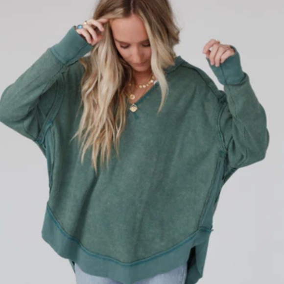 Three Bird Nest Tops - Three Bird Nest Oversized Long Sleeve Pullover in Forest Green